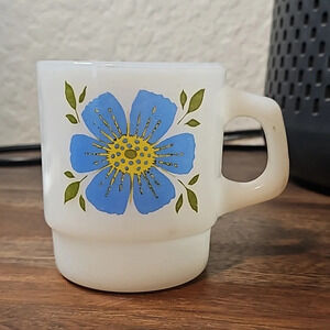 Vintage Anchor Hocking Fire King  Flower Power Stacking Mug Blue & Orange Flower